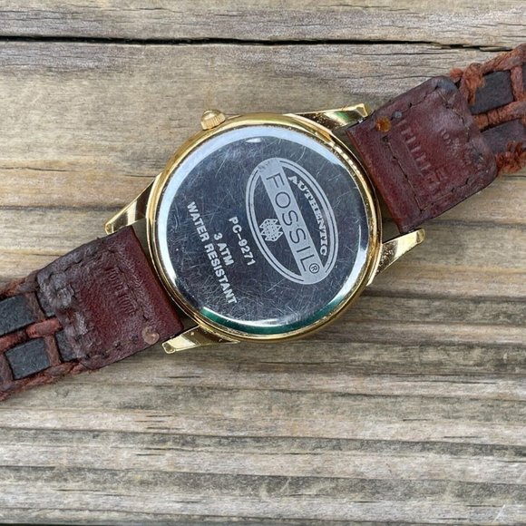 Fossil Men Watch Gold Tone Case Pyramid Crystal Brown Braided Leather Band Analo - Picture 8 of 13